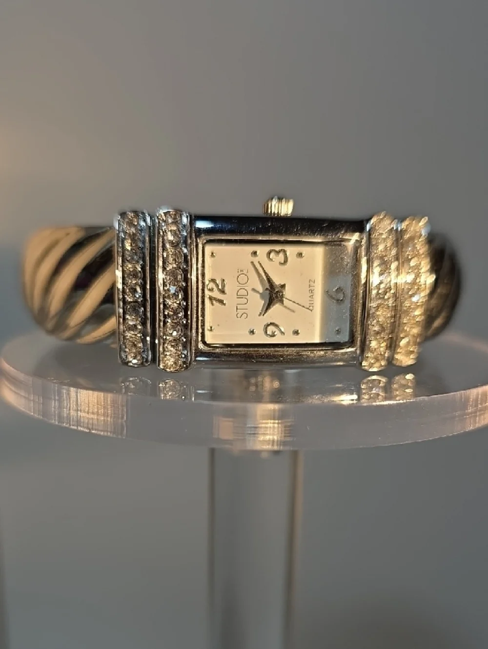 Studio Silver Crystal-Accent Twisted Bangle Watch